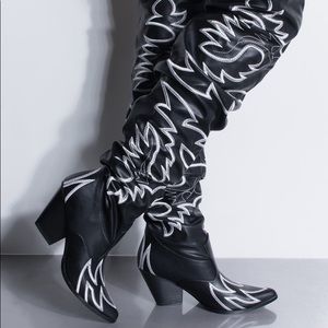 Thigh High Cowboy Boots Black and White